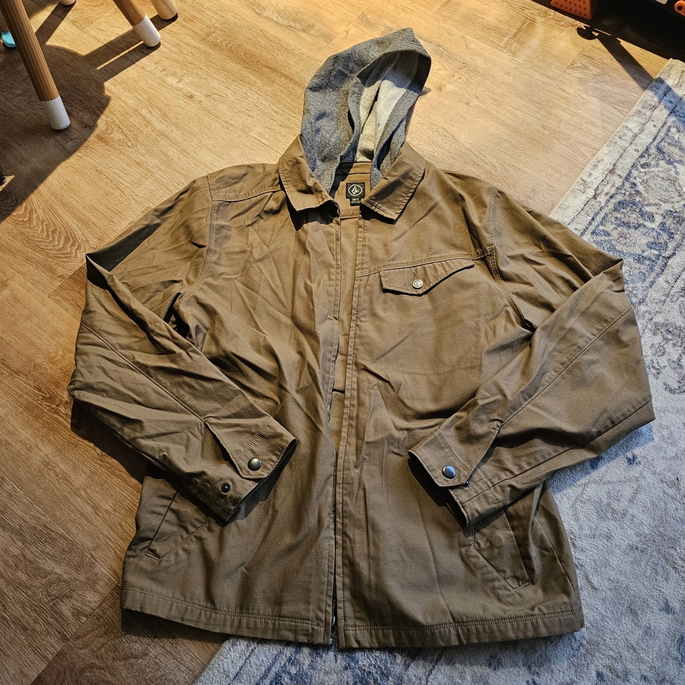 Volcom hooded jacket Tan Mens Size Xl Skateboard Grunge Full Zip Canvas